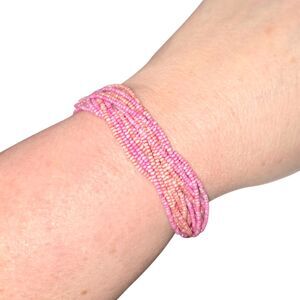 Spartina 449 Pearlescent Pink Braided Seed Bead Bracelet Gold Tone Accents 7"-9"